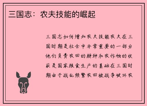 三国志：农夫技能的崛起
